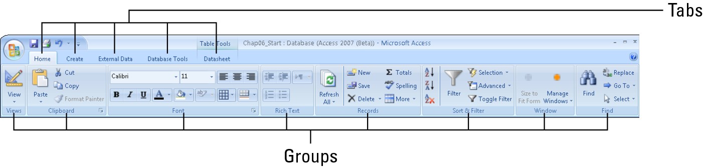 The Datasheet ribbon’s Home tab